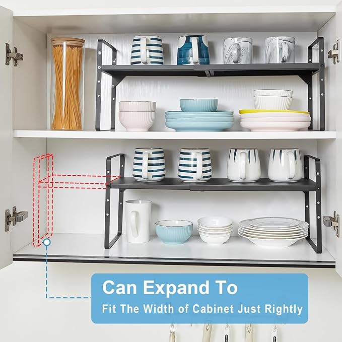 Set of 2 Expandable Cabinet Shelf Organizer, Stackable Kitchen Countertop Shelves Spice Racks, Small Metal Storage Shelf For Cupboard Counter Tabletop, 30 LBS Heavy Duty, Adjustable, 13.8" to 21.6"