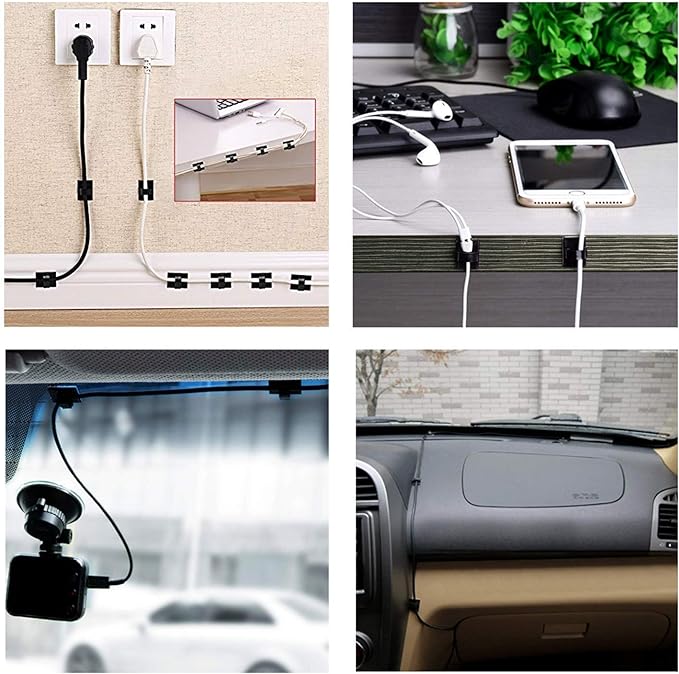 Cable Clips Self with 3M Adhesive Cord Organizer, Wire Holder Clamp Management Sticky for Desk Car Dash Cam Tables Wall, Black 30pcs