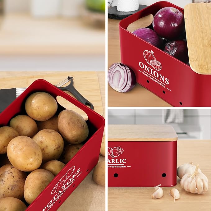 Kitchen Vegetable Storage Set of 3, Metal Onion Garlic Potato Storage Set, Red