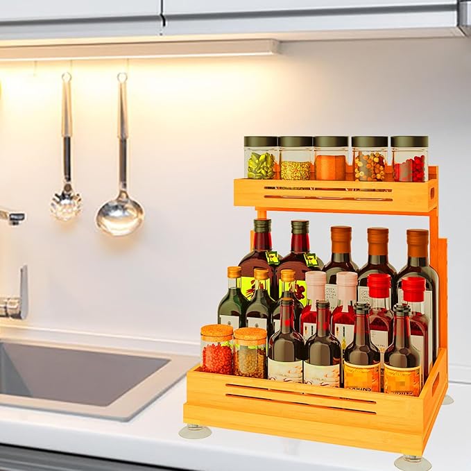 Under Sink Organizer, Premium Bamboo Wood Pull Out Cabinet Organizer, 2 Tier Slide Out Sink Shelf Cabinet Storage Shelves, Under Sink Storage for Kitchen Bathroom Cabinet