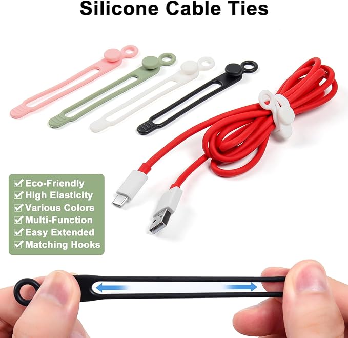 48Pcs Silicone Cable Ties, Elastic Cord Ties for Cable Organizer