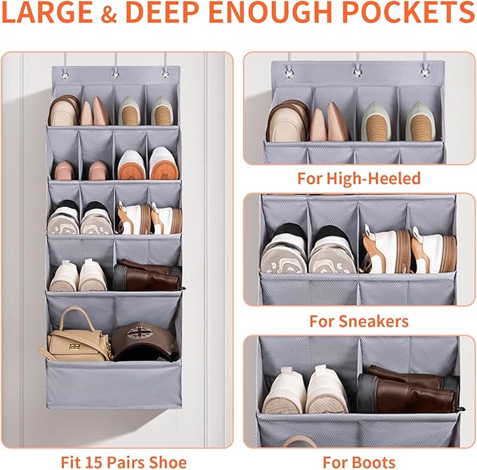FENTEC 1 Pack Over-the-Door-Shoe-Organizers,Hanging Organizers with Large Pocket Shoe Holder Hanging Shoe Rack for Closet Shoe Organizer for Wall, Over Door Organizer with 15 Pockets Gray