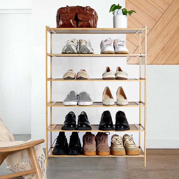 6 Tier Bamboo Shoe Rack, Free Standing Shoe Racks, Shoes Rack Organizer, Bamboo Wood Shoe Rack for Entryway and Closet Hallway (27.5" x 9.25" x 40.3")