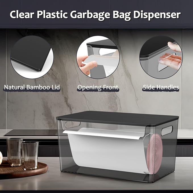 COAZEX 2 Pack Trash Bag Holder Under Sink Stackable, Plastic Garbage Bag Dispenser with Lid, Trash Bag Storage Dispenser Roll Holder for Kitchen, Pantry, Laundry Room Organization (Black)
