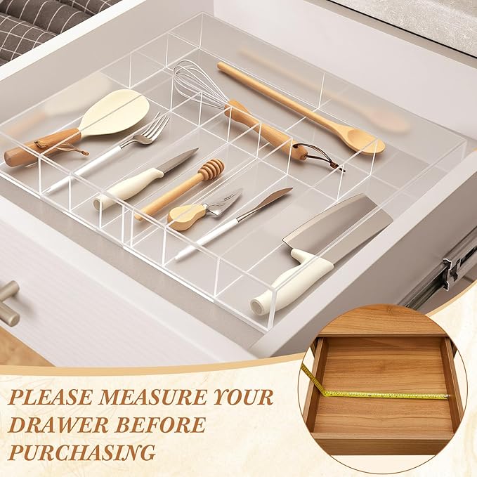 Teenyyou 1 Pack Expandable Kitchen Drawer Organizer Clear Acrylic Utensil Organizer Adjustable Acrylic Silverware Storage for Drawers Silverware Flatware Knives (12 x 16 Inches,6-8 Compartments)