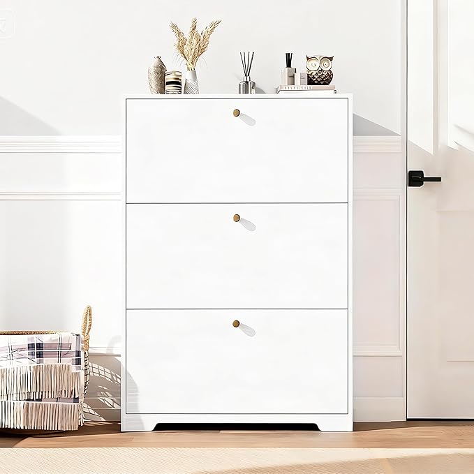Nicetree Shoe Cabinet with 3 Flip Drawers, Narrow Shoe Organizer Cabinet, Freestanding Shoe Rack Cabinet, Modern Shoe Storage Cabinet for Entryway, Hallway, Foyer, White with Hook