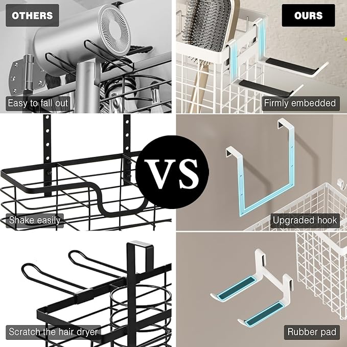 Voldra Hair Dryer Holder Cabinet Door, Adhesive Hair Tool Organizer Wall Mount Adjustable Height Blow Dryer Holder Under Sink/Countertop for Flat Curling Iron, Hair Brush and Straightener (1, White)