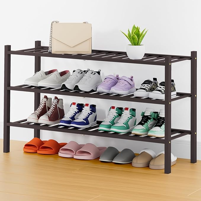 Smiry Long Bamboo Shoe Rack, 3 Tier Free Standing Wooden Shoe Organizer, Stackable Wood Shoe Storage Shelf for Closet, Entryway, 14 Vertical Slats, 2+1 Stack Heavy-Duty Legs, 33.7"x11"x19.5", Brown