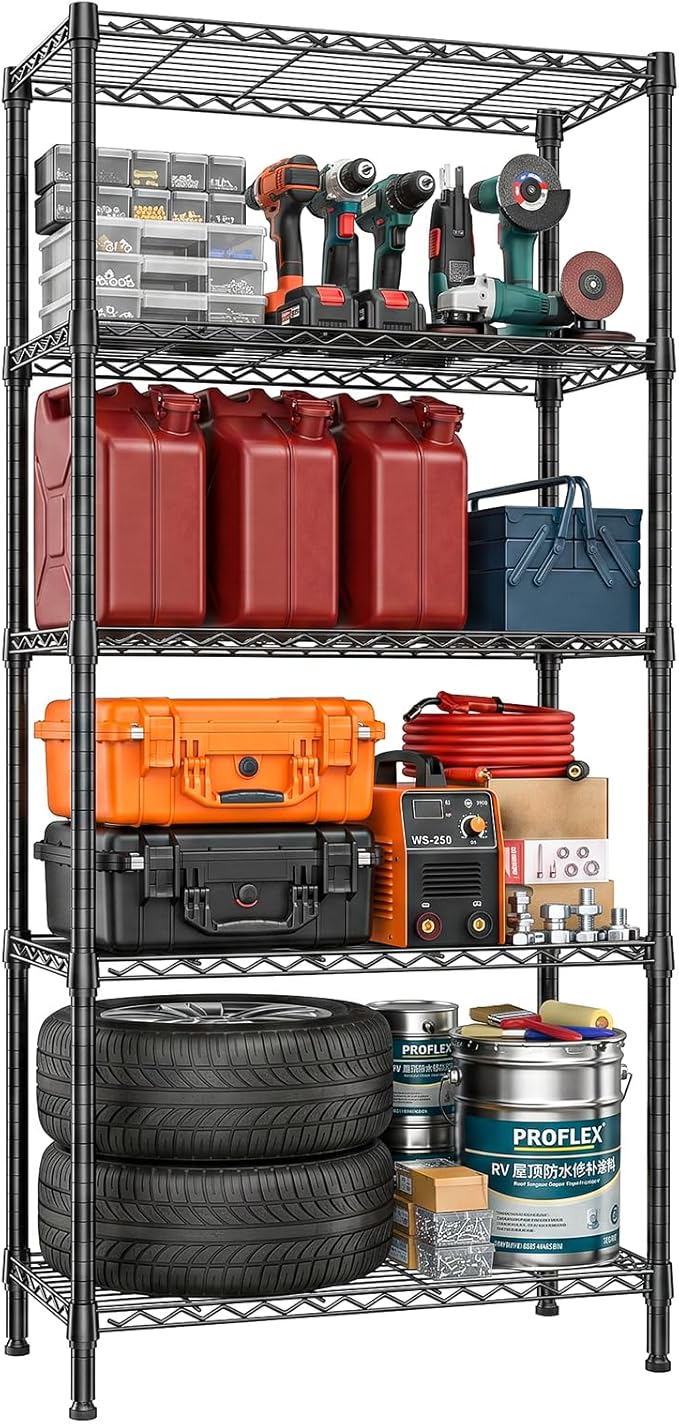 IZEUK 5-Tier Heavy Duty Black Steel Storage Shelving Unit, Utility Wire Rack Organizer for Kitchen, Office & Home, 1250 lbs Capacity, 13.8" D x 35.4" W x 68.5" H