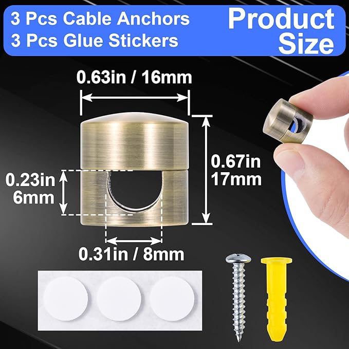 SmallCat 3 Sets Charger Holders for Cords, Antique Copper Color Adjustable Cable Anchor Holders, Adhesive Metal Cord Clips, Cable Management Wire Organizers for Desk, Office, Nightstand