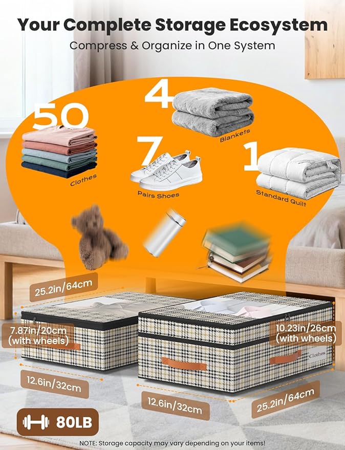 TOSKING 2-Pack Under Bed Storage Drawers with Wheels, 6 Vacuum Bags, Adjustable Height 7.9-10.2", 63L/80 lbs Clear Lid Rolling Bin, 900D Oxford, Space Saver for Dorm Bedroom Clothes Shoes, Houndstooth