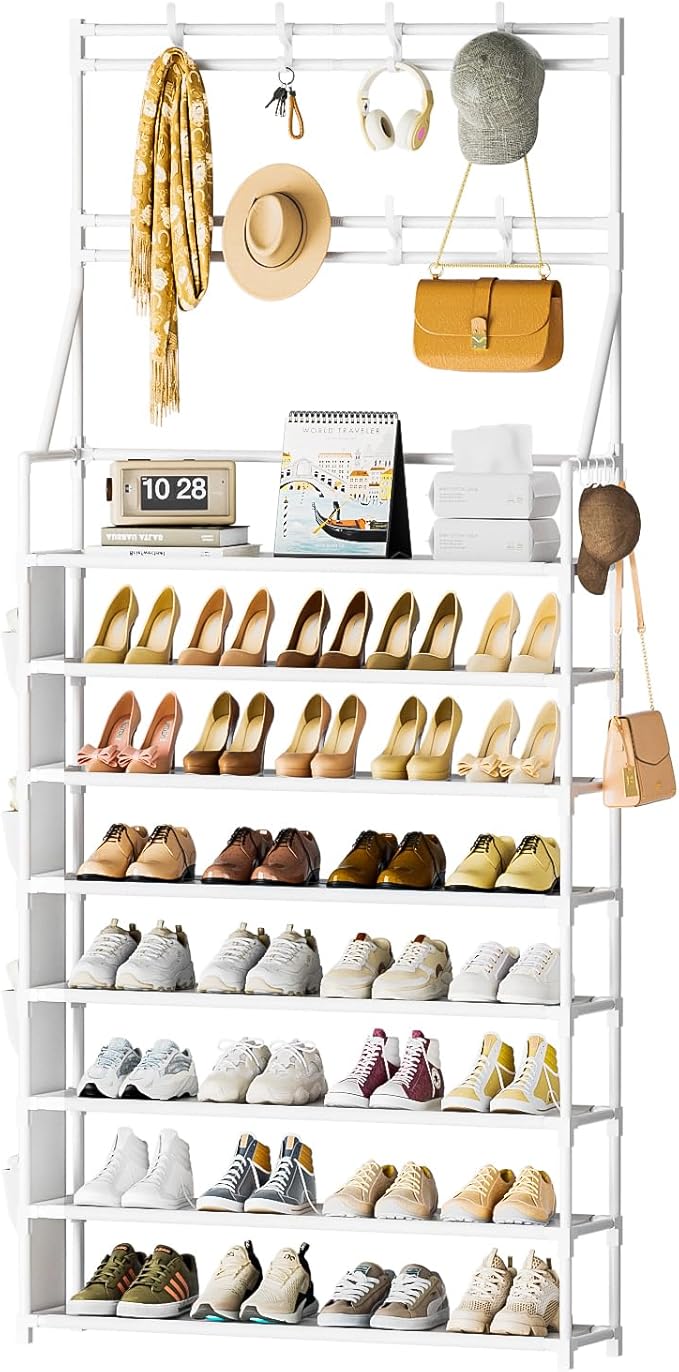 OYREL Shoe Rack 8 Tier Large Shoe Organizer Storage 32-40 Pairs Metal Shoe Storage Rack with Hooks and Side Pocket for Entrance Entryway Closet Shoe Shelf Holder