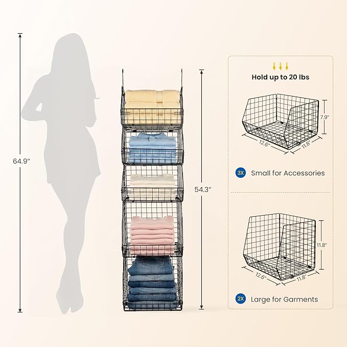 5 Tier Metal Hanging Closet Organizer with 2 Extra Tall Storage Baskets & 3 Standard Wire Baskets, Heavy Duty Foldable Closet Organizer with Snag‑Free Liners for Clothes, Jeans, Handbags, Hats