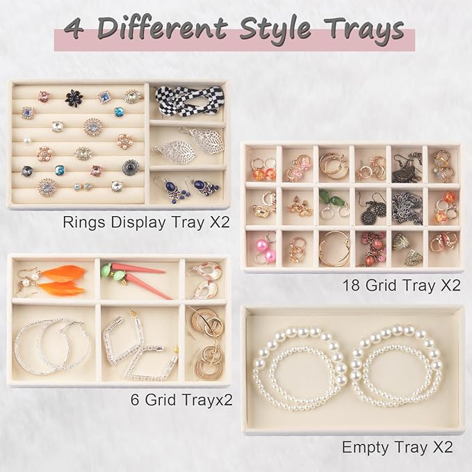 Jewelry Organizer Tray, Stackable Velvet Jewelry Trays, Jewelry Organizer for Drawer for Women, Jewelry Drawer Organizer for Rings, Necklaces, Set of 8 (Beige)