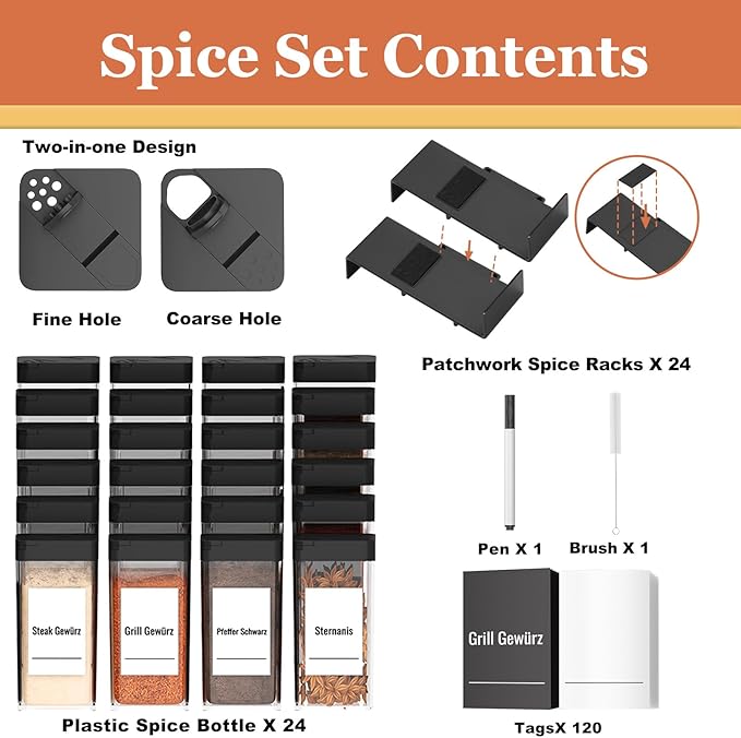 Spice Drawer Organizer 24 Pcs with 24 Plastic Spice Jars and Labels，Interlocking