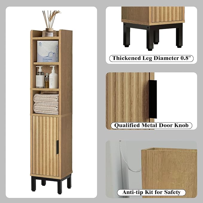FerniTry Narrow Bathroom Storage Cabinet, Corner Toilet Paper Floor Cabinet 5 Tiers with Door and Shelves,Bathroom Organizer with Adjustable Shelf, for Small Spaces (Oak)