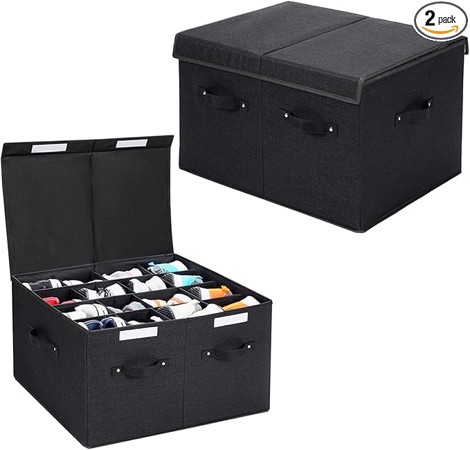 2 Pack Shoe Organizer for Closet, Foldable Shoe Storage Box with Adjustable Dividers, Large Space Saving Shoe Storage Container Fits up to 16 Pairs with Reinforced Handles (Black)