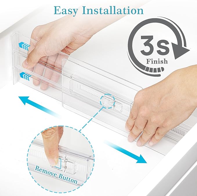 Vtopmart 4 Pack Drawer Dividers for Clothes, 4" High 13"-22" Adjustable Expandable Dresser Drawer Organizer, Clear Plastic Separators for Dresser, Baby Clothing, Underwear, Cosmetic, Toiletries