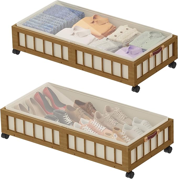 2-Pack Bamboo Under Bed Storage with Wheels, Brown