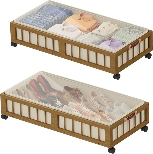2-Pack Bamboo Under Bed Storage with Wheels, Brown