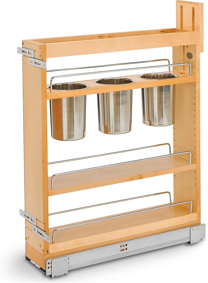 Rev-A-Shelf Maple Pullout Utensil Organizer with 3 Bins & BLUM Soft-Close for Full-Height Base Cabinets, Full Extension Slides, Adjustable Shelves, Min Opening Width of 5.5", 448UT-BCSC-5C