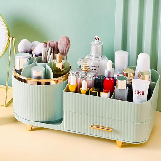 Rotating Makeup Organizer for Vanity with Brush Holder and Drawer, Green