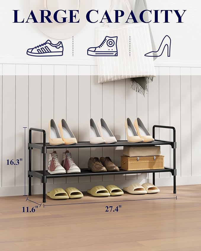 Kitsure Shoe Rack for Closet, Shoe Organizer for Front Door Entrance, Stackable Shoe Shelf, Detachable Closet Organizers and Storage, 27.4" Wide - 2 Tiers, Black