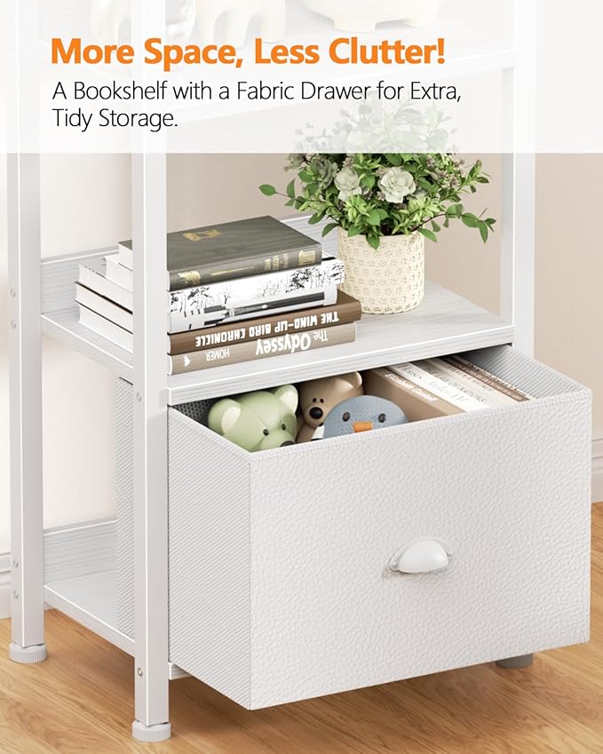 6 Tier Bookshelf, Tall Shelf with Drawer, White