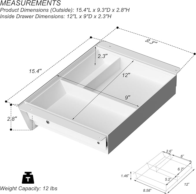 White Under Desk Drawer with Removable Tray, 15.4" Wide 2-in-1 Organizer