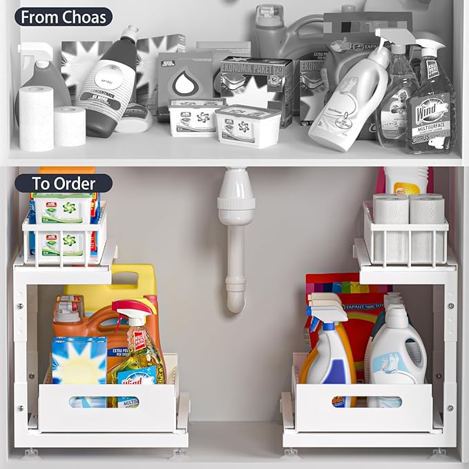 Saydear Under Sink Organizer, 2-Tier Premium Metal Pull-Out Racks with Adjustable Height, Heavy Duty Sliding Bin for Bathroom and Kitchen Cabinet Storage, Rust Resistant 2 Pack