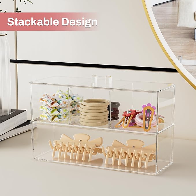 Hair Accessories Organizer for Girls, Clear Hair Bow Tie Clip Scrunchie Holder Organizer with Removable Divider, Cute Small Stackable Storage Drawer Container Caddy Box, Kids Women Vanity Accessories