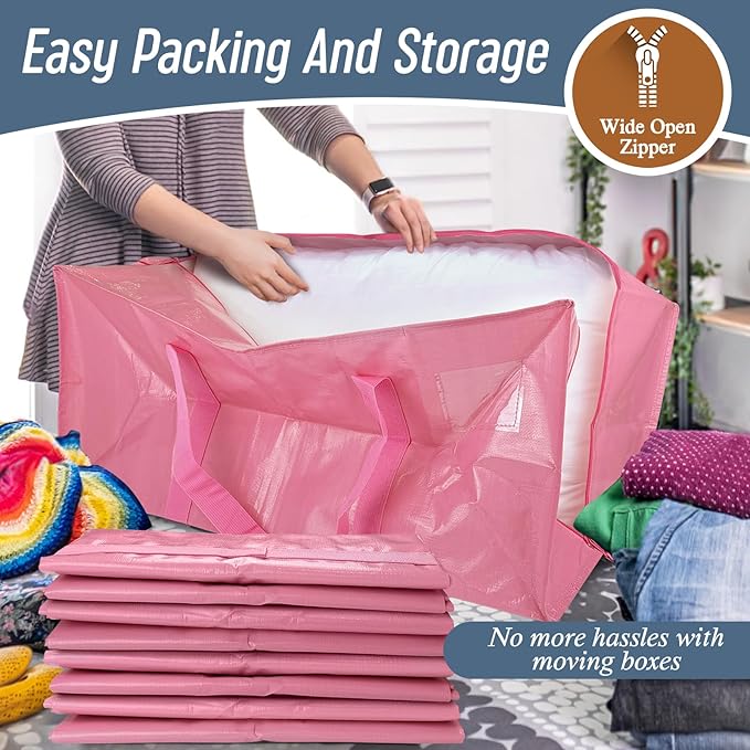 6 Pack Extra Heavy Duty Large Moving Bags with Strong Zipper & Comfortable, Pink