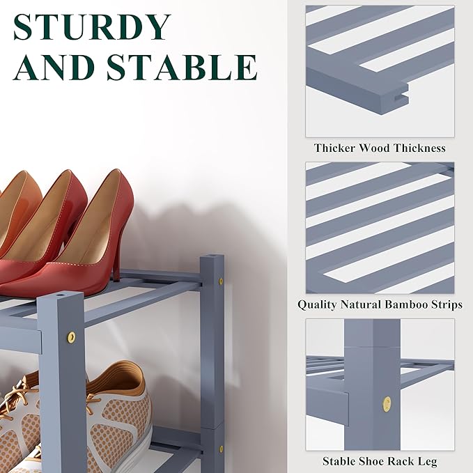 Smiry Small Bamboo Shoe Rack, 6 Tier Free Standing Wooden Shoe Organizer, Stackable Wood Shoe Storage Shelf for Closet, Entryway, 12 Vertical Slats, 2+2+2 Stack Standard Legs, 17.3"x11"x39", Grey