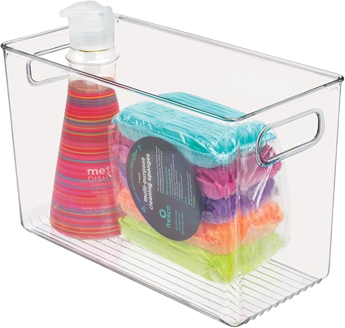 mDesign Plastic Food Storage Container Bin with Handles - for Kitchen, Pantry, Cabinet, Fridge/Freezer - Narrow for Snacks, Produce, Vegetables, Pasta - BPA Free, Food Safe - 4 Pack, Clear