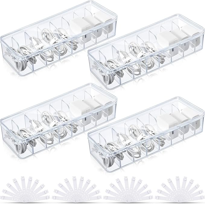 4 Pcs Cable Organizer Box with Wire Ties, Clear