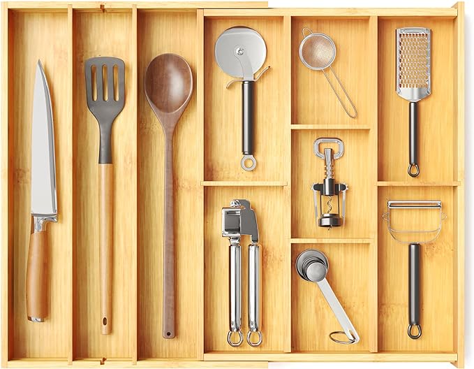 Bamboo Utensil Drawer Organizer with Labels