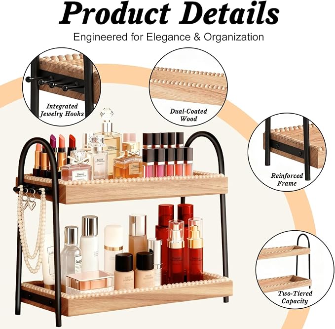 Large 2-Tier Bathroom Countertop Organizer with 8 Jewelry Hooks, 17.3" Eco-Coated Wood Vanity Tray for Perfume & Makeup, Skincare Storage Shelf for Dresser Coffee Bar Kitchen (Light Brown & Black)