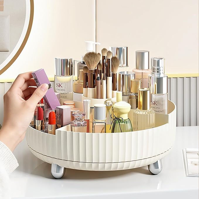 Anyoifax Makeup Perfume Organizer Tray with Divider 360 Degree Rotating Lazy Susan Skincare Lotion Organizer Spinning Cosmetics Storage for Dresser, Vanity, Bathroom Countertop, Large Beige