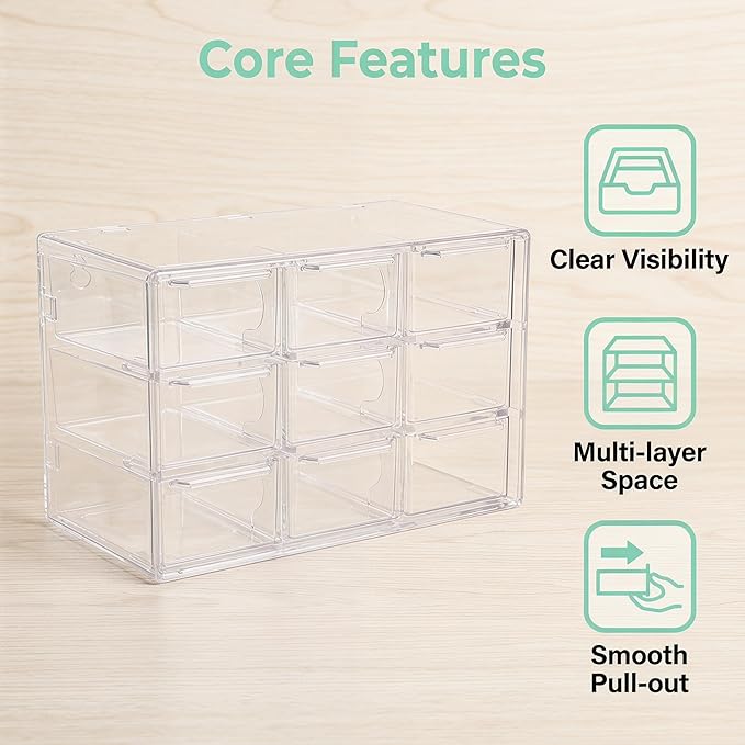 Acrylic Drawer Organizer, Clear Desk Organizer with Drawer, Plastic Stackable Storage Drawers with 9 Drawers, Dustproof Organizers for Jewelry, Craft, Office Supplies