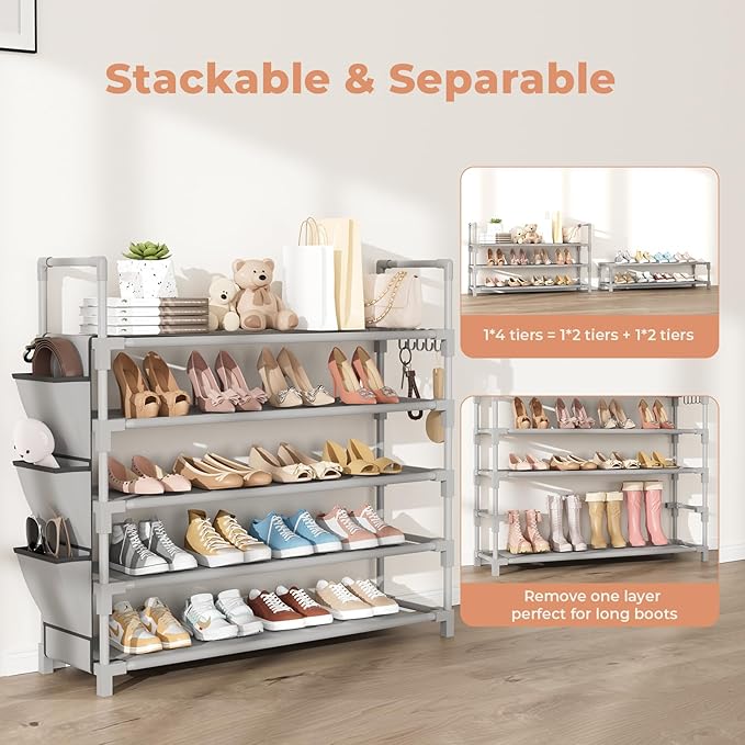 5 Tier Shoe Rack, Shoe Organizer Storage for 20-25 Pair Boot and Sneaker, Stackable Free Standing Shoe Shelf with Hooks and Side Pocket, Space Saving Shoes Rack for Closet, Entryway, Grey