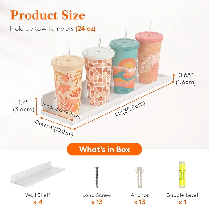 Lifewit Floating Shelves for Bathroom, Acrylic Display Shelf Wall Mounted for Makeup, Skincare, Nail Polish, Book, 14" Perfume Organizer for Bedroom, Living Room, Nursery, Home Decor, White, 4 Pack