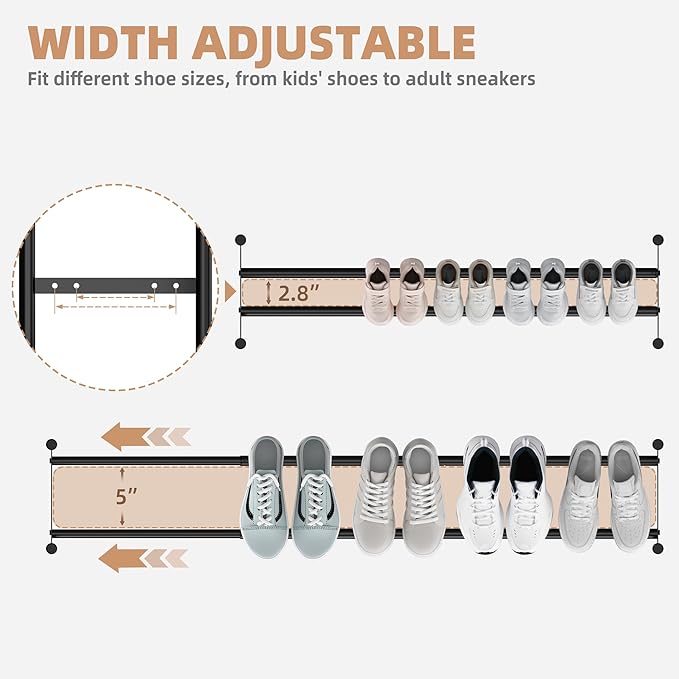 STORAGE MANIAC Long Expandable Shoe Rack, 6 Pairs Metal Wide Stackable Shoe Rack, Adjustable Shoes Shelf, Freestanding Shoes Organizer for Closet, Entryway, Hallway, Garage, Front Door, 1 Tier