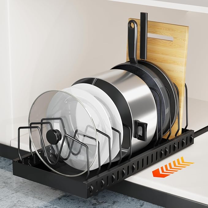 FLSEPAMB Pots and Pans Organizer Sliding Pot and Pan Organizer in Kitchen, 1 Pack Cabinet Pull Out Shelves, for Pots, Lids and Pan Organizer with Two Types of Shelves