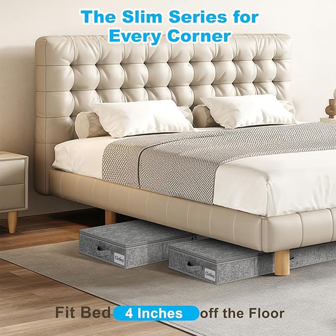 Under Bed Storage Container Bins 4 Pack, 4 Inch Thin Low Profile Underbed Clothes Storage Organizer for Dorm & Home, Use for Blanket and Toy Storage Box W/ Sturdy Bottom/Sides, Foldable Thick Fabric