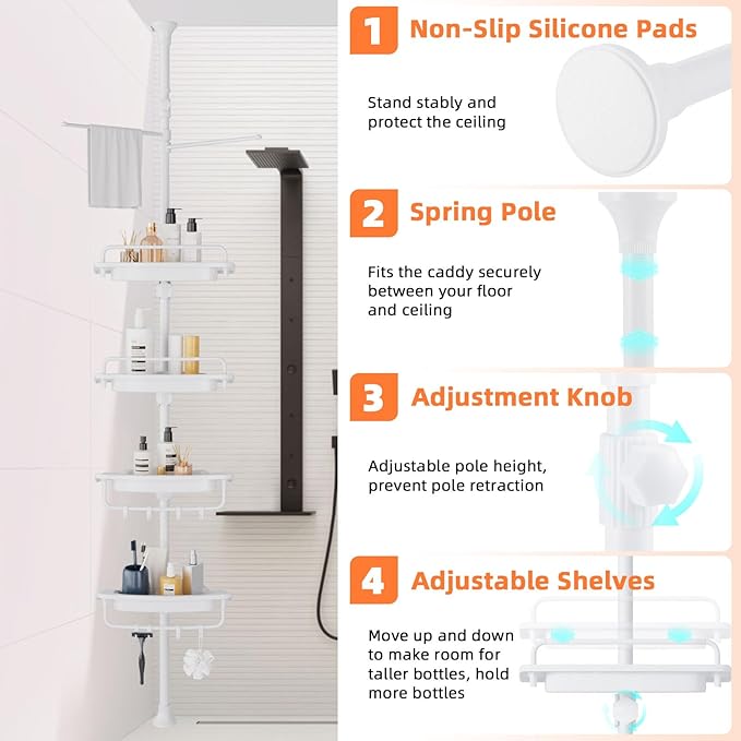 XLHOMO 32-122inch Corner Shower Caddy Tension Pole All White, Rustproof Drill-Free Shower Shelves for Bathroom Bathtub Washbasin, Adjustable Shower Organizer with 4 Tier Patent Shelves & Towel Bars