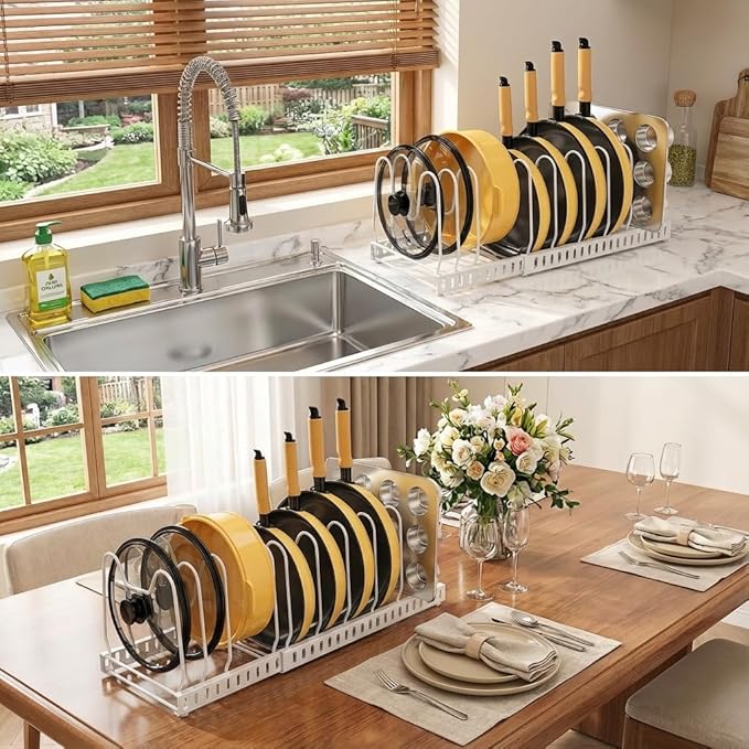 Pot And Pan Organizer Under Cabinet, Expandable Pans and Pots Organizer Rack Pot Lid Holder Shelf with 12 Different Size Dividers (12 Brackets-White)