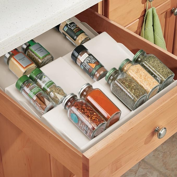 mDesign Expandable Plastic Deluxe Spice Rack, Drawer Organizer for Kitchen Cabinet Drawers, 3 Tier Slanted for Spice Jars, Food Seasoning Bottle Storage, Ligne Collection - Cream/Beige