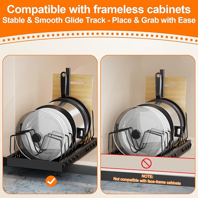 FLSEPAMB Pots and Pans Organizer Sliding Pot and Pan Organizer in Kitchen, 1 Pack Cabinet Pull Out Shelves, for Pots, Lids and Pan Organizer with Two Types of Shelves