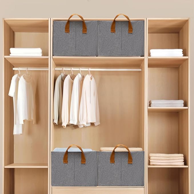 SNWDN 4 Pack Closet Cloth Storage Bins for Shelves,Medium Storage Baskets for Shelves, Fabric Bins for Closet organization with Handles（ Gray 15''L x 10''W x 8''H）