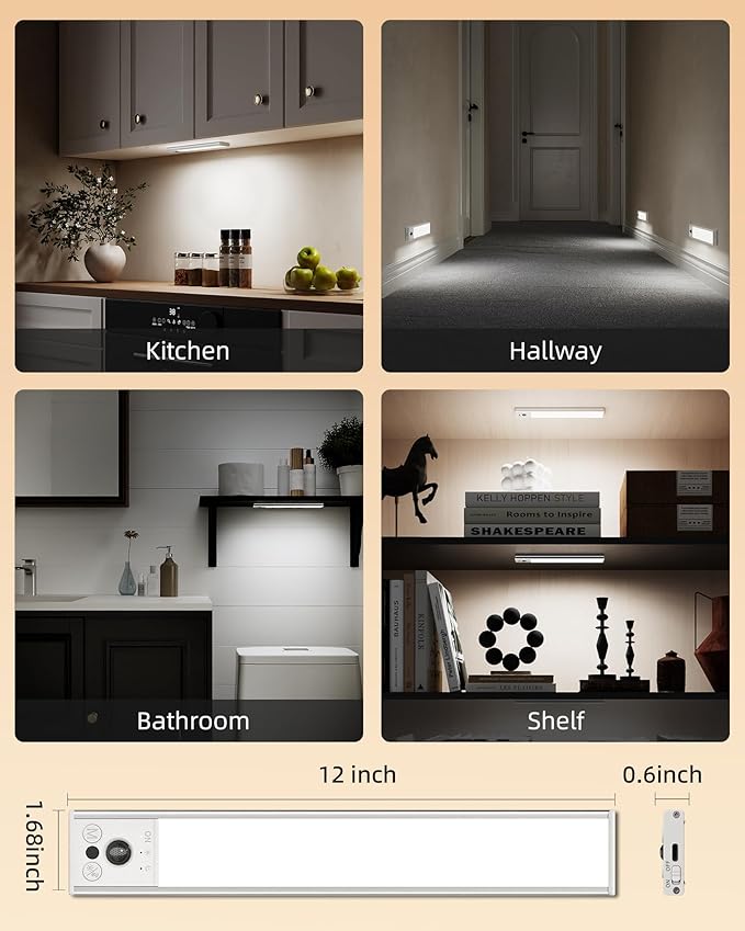 EZVALO 12inch Under Cabinet Lighting, Rechargeable Motion Sensor Light Indoor with 3 Color Temperatures, Dimmable & Magnetic Closet Lights, Wireless Under Counter Lights for Kitchen, Stairs (2 Pack)